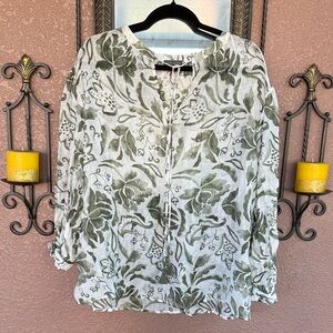 Vince Camuto Olive and White Floral Tie-Front Tunic